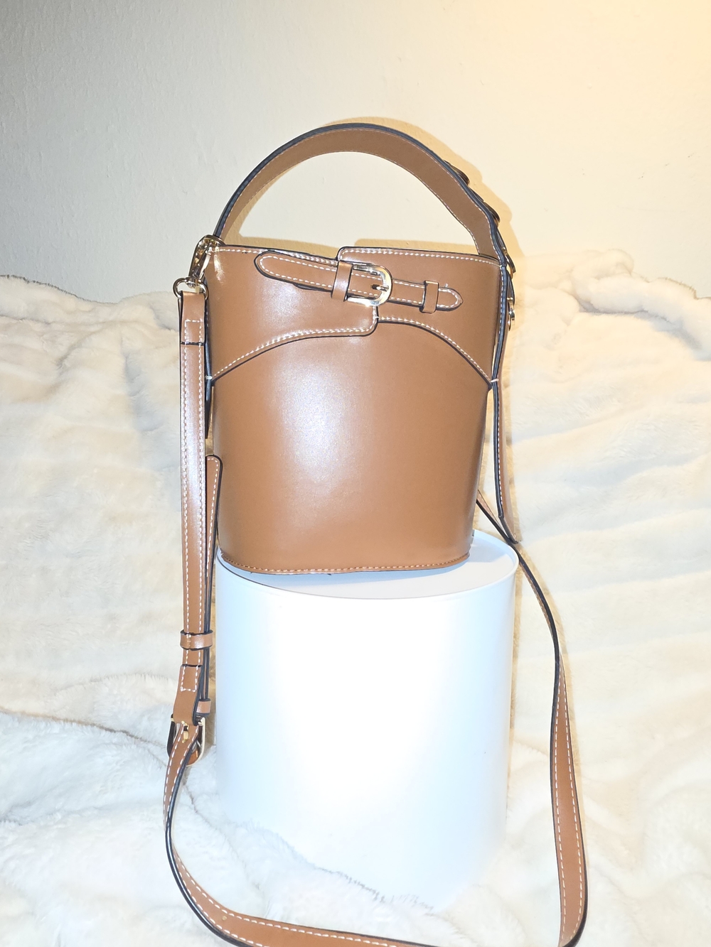 Zara Tan Leather Bucket Shoulder Bag with Top Handle